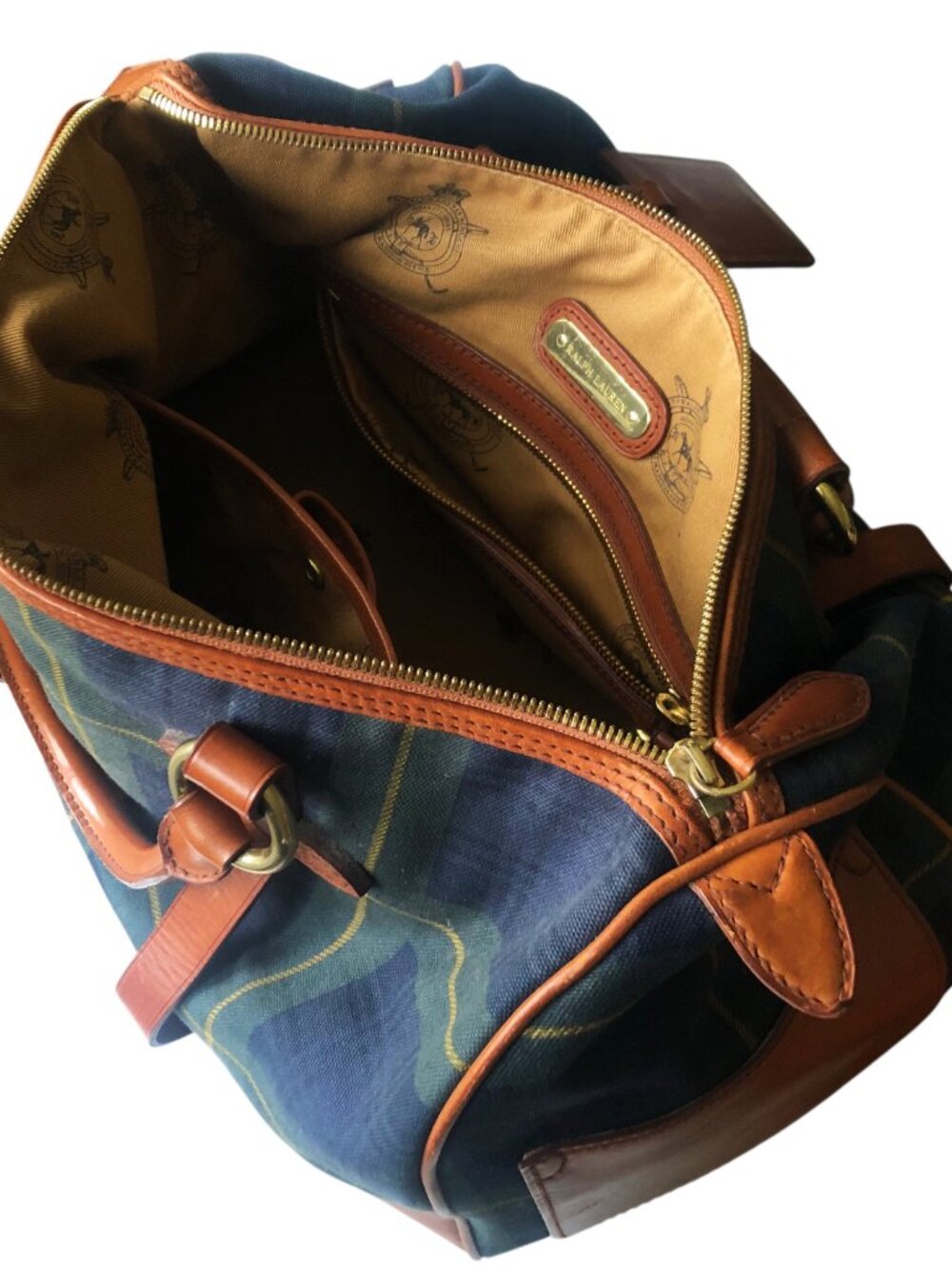 Vintage RALPH LAUREN Black Watch Tartan Tan Leather Trims Duffel Heritage Bag - Picture 7 of 9